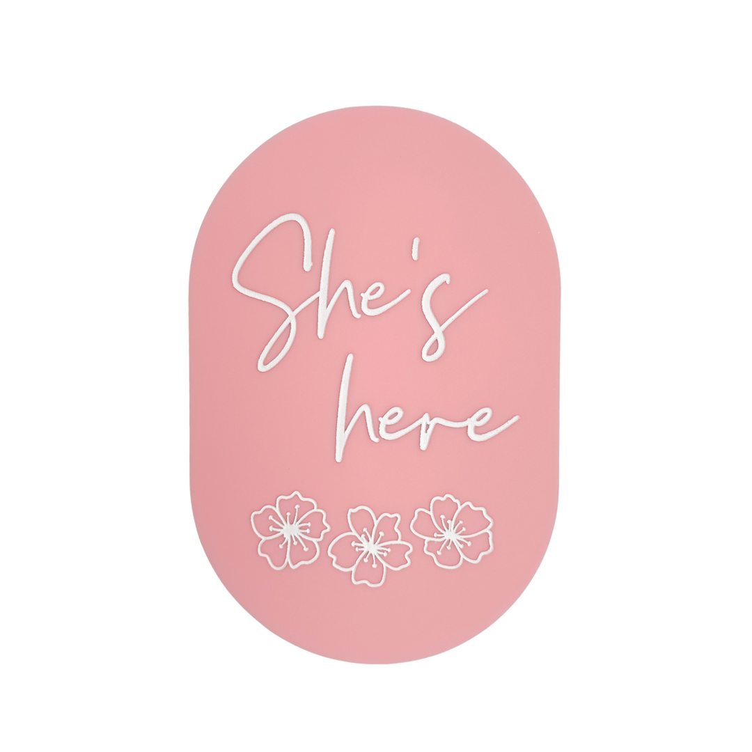 'She’s Here' Plaque | Blossom Peony Pink