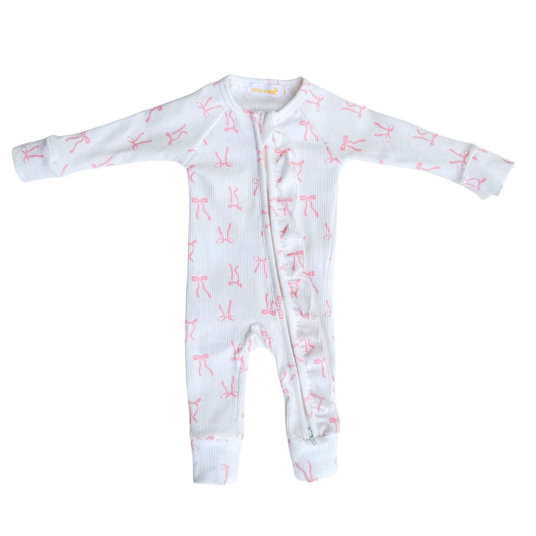 Frill Zip Romper | Pink Bows Rib