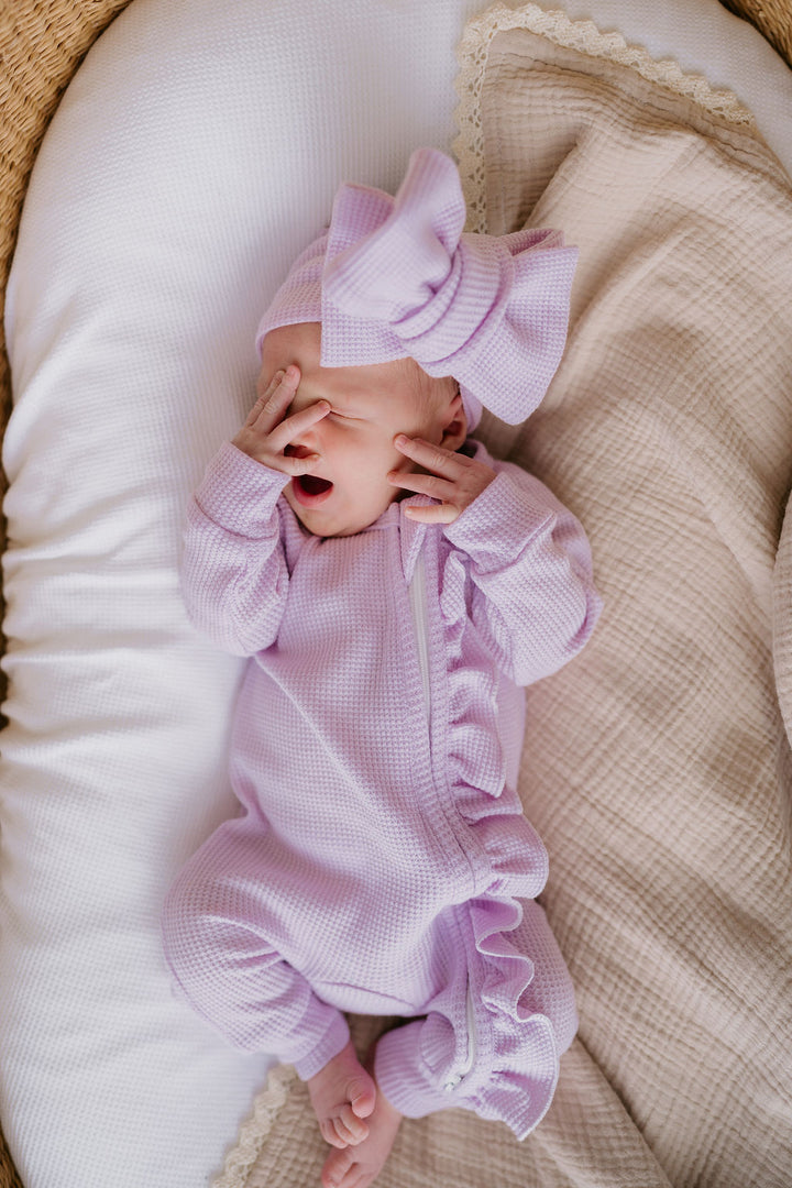 Frill Zip Romper | Pastel Lilac Waffle