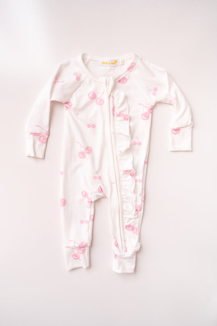Frill Zip Romper | Pink Cherries