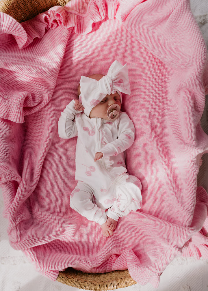 Frill Zip Romper | Pink Cherries
