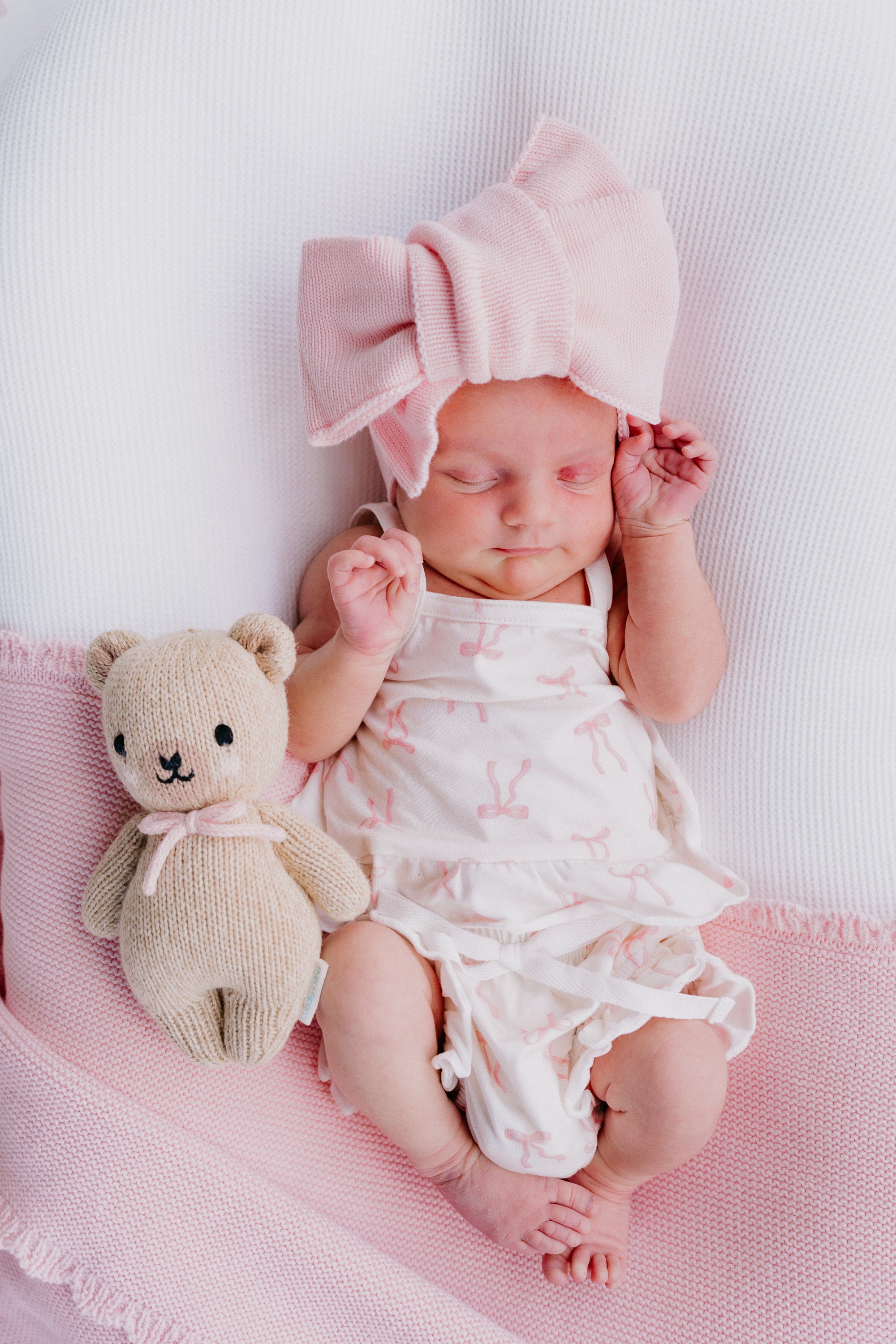 Petit Bebe- Pink check scalloped bubble w/ lt.blue side bows main image 1