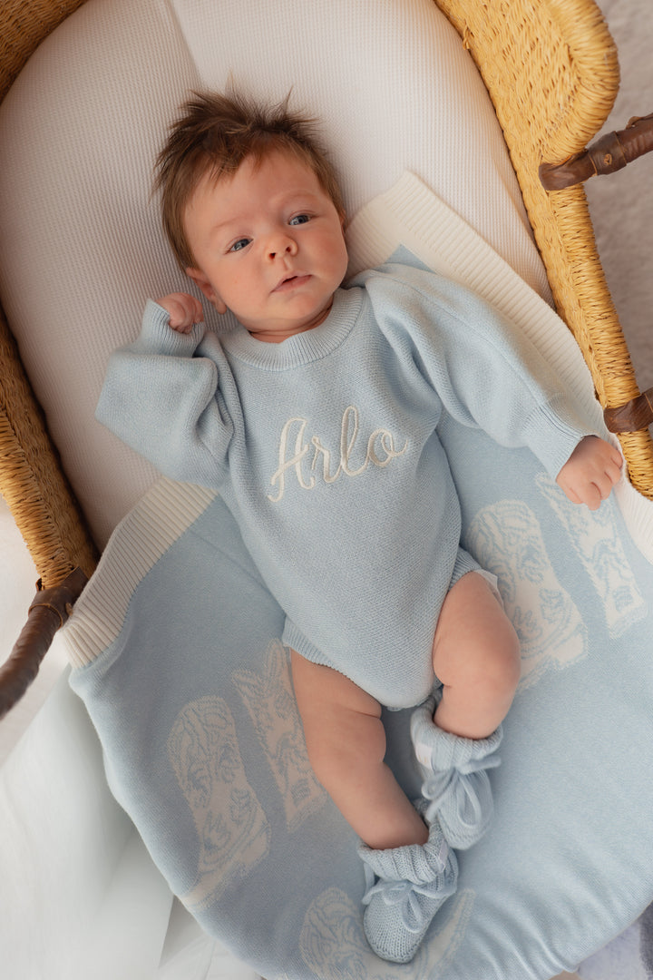 Knit Blanket | Sky Blue Cowboy Boots