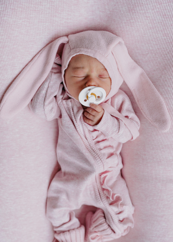 Frill Zip Romper | Baby Pink Marle Waffle