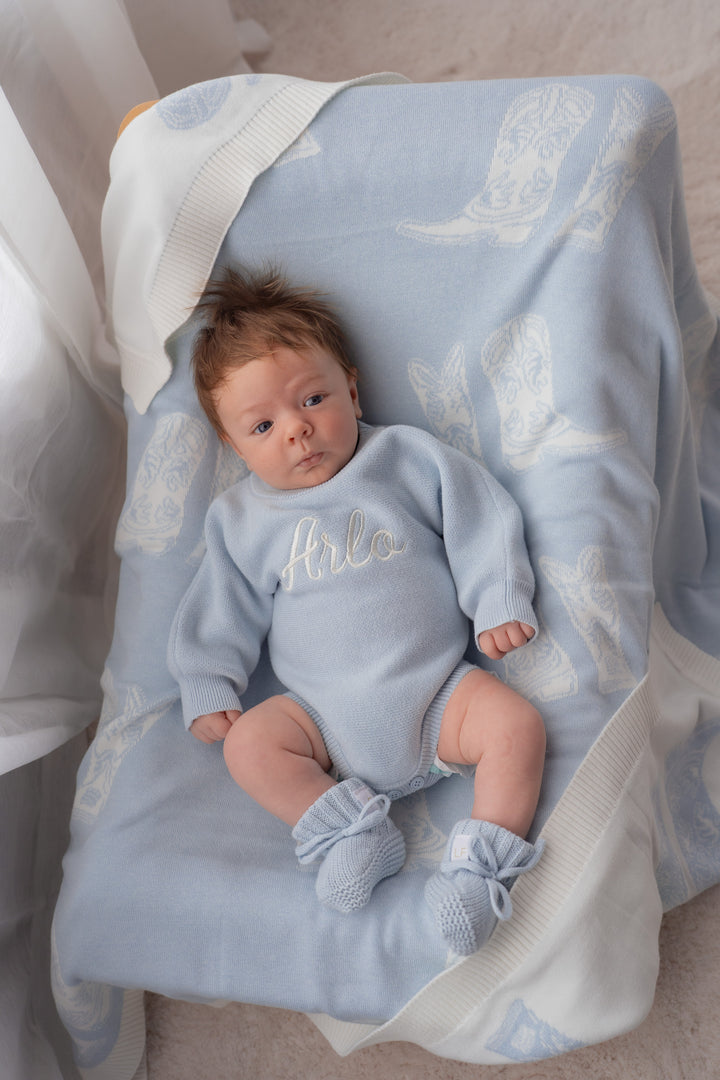 Knit Blanket | Sky Blue Cowboy Boots