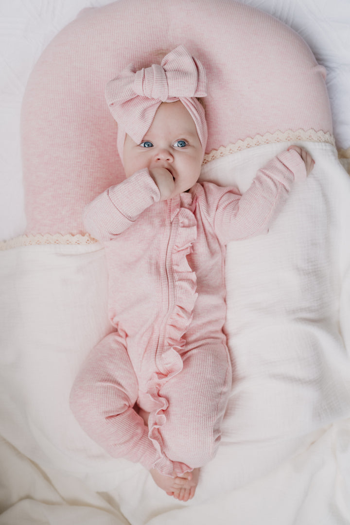 Frill Zip Romper | Baby Pink Marle Waffle