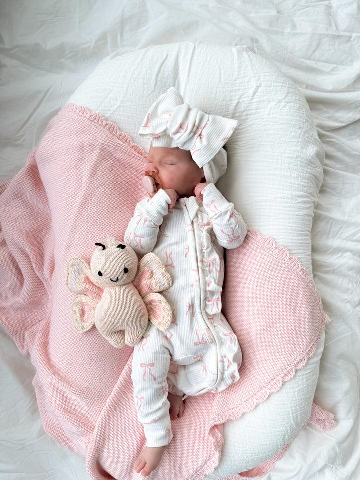 Frill Zip Romper | Pink Bows Rib