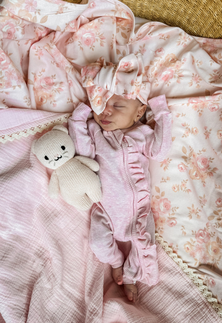 Frill Zip Romper | Baby Pink Marle Waffle