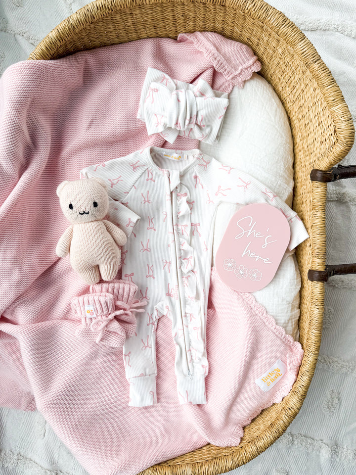 Frill Zip Romper | Pink Bows Rib