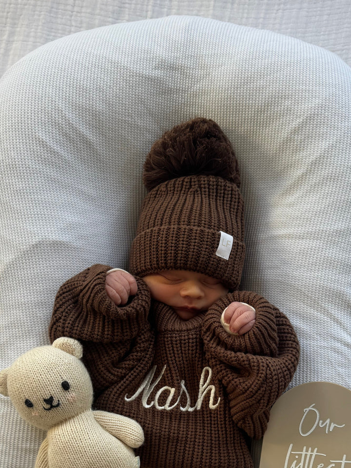 Knitted Pom Beanie | Chocolate