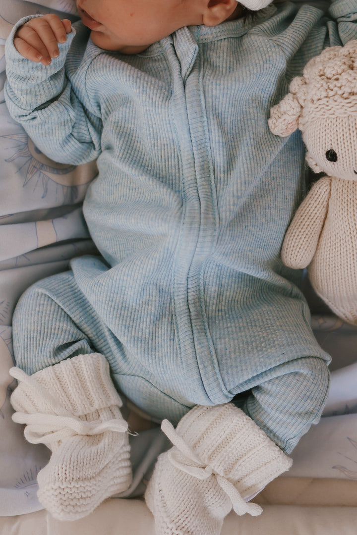 Zip Romper | Blue Marle Rib (NO FRILL)