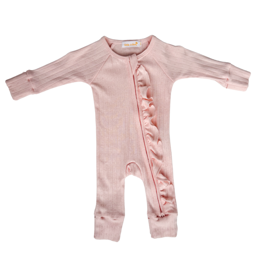 Essential Frill Zip Romper | Petal Pink Pointelle