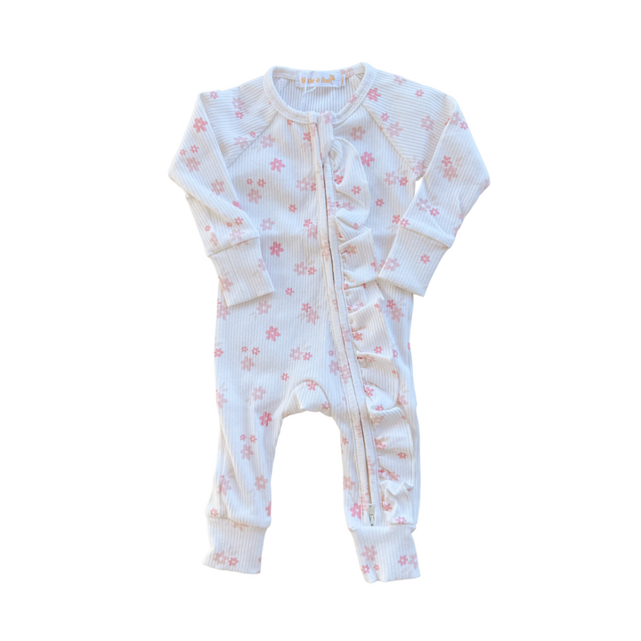 Frill Zip Romper | Daisy Rib Peony (SIZE 12-18M ONLY)