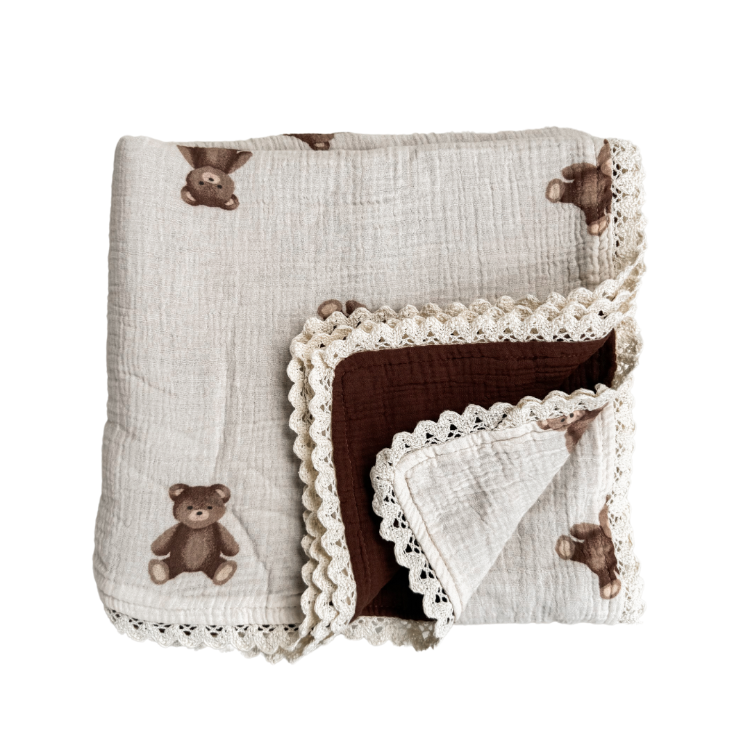 Muslin Crinkle Organic Lace Blanket | Teddies & Chocolate