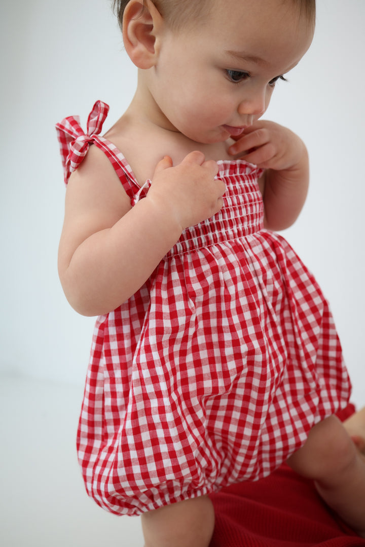 Tie Bubble Romper | Red Gingham