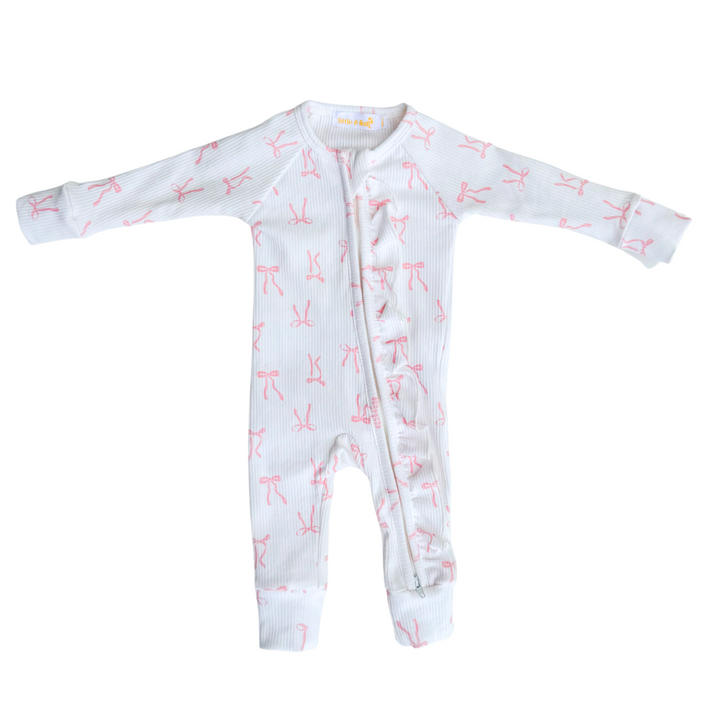 Frill Zip Romper | Pink Bows Rib *MARCH PRE-ORDER*