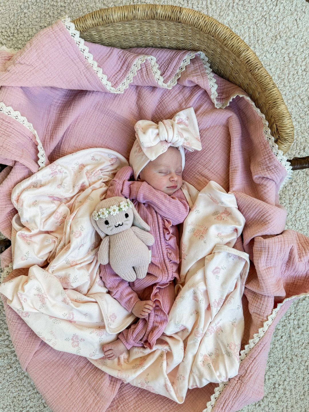 Muslin Crinkle Organic Lace Blanket | Dusty Pink