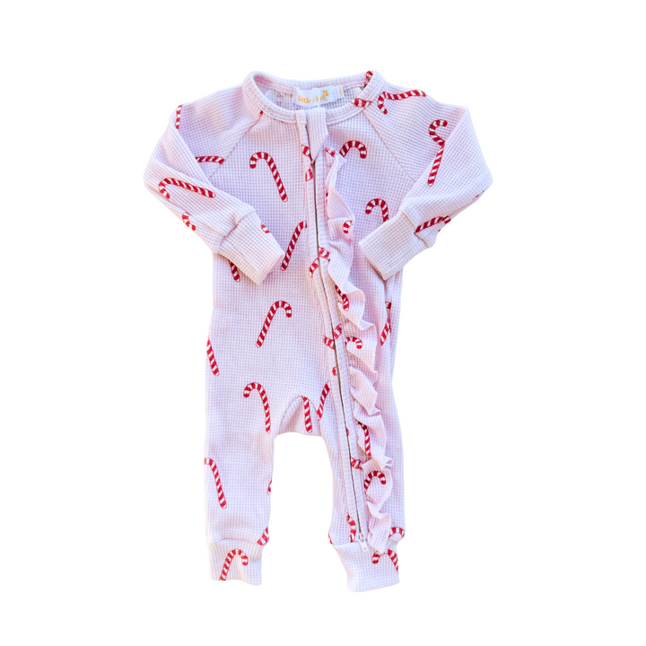 Frill Zip Romper | Pink Candy Cane Waffle