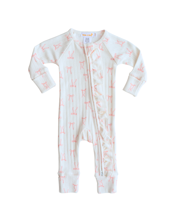 Essential Frill Zip Romper | Pink Bows