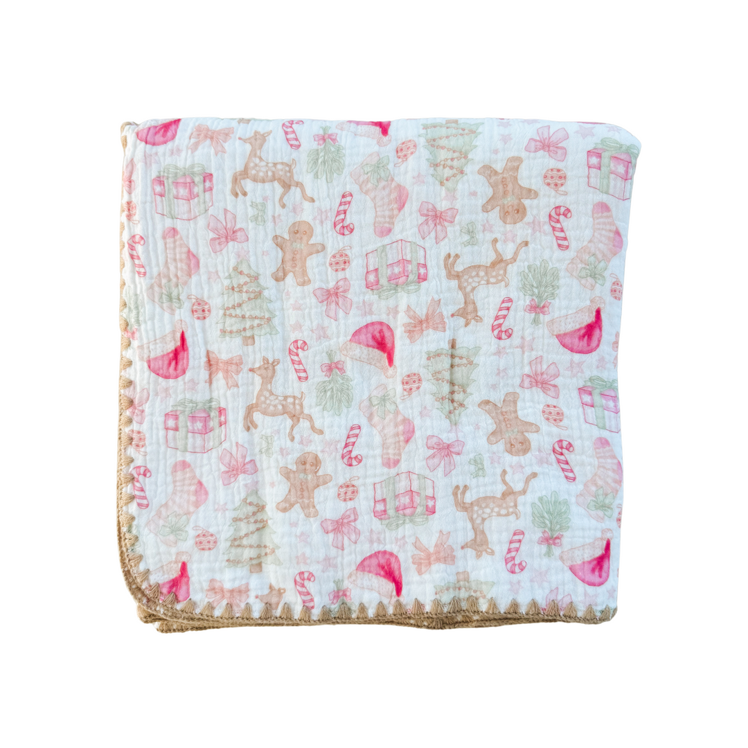 Organic Crinkle Muslin Threaded Border Blanket | Santa Baby