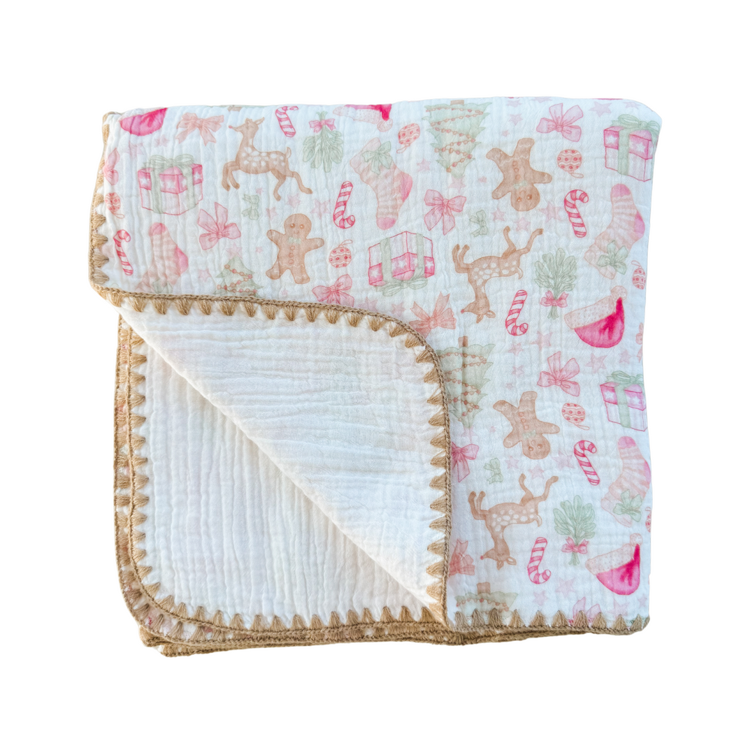 Organic Crinkle Muslin Threaded Border Blanket | Santa Baby