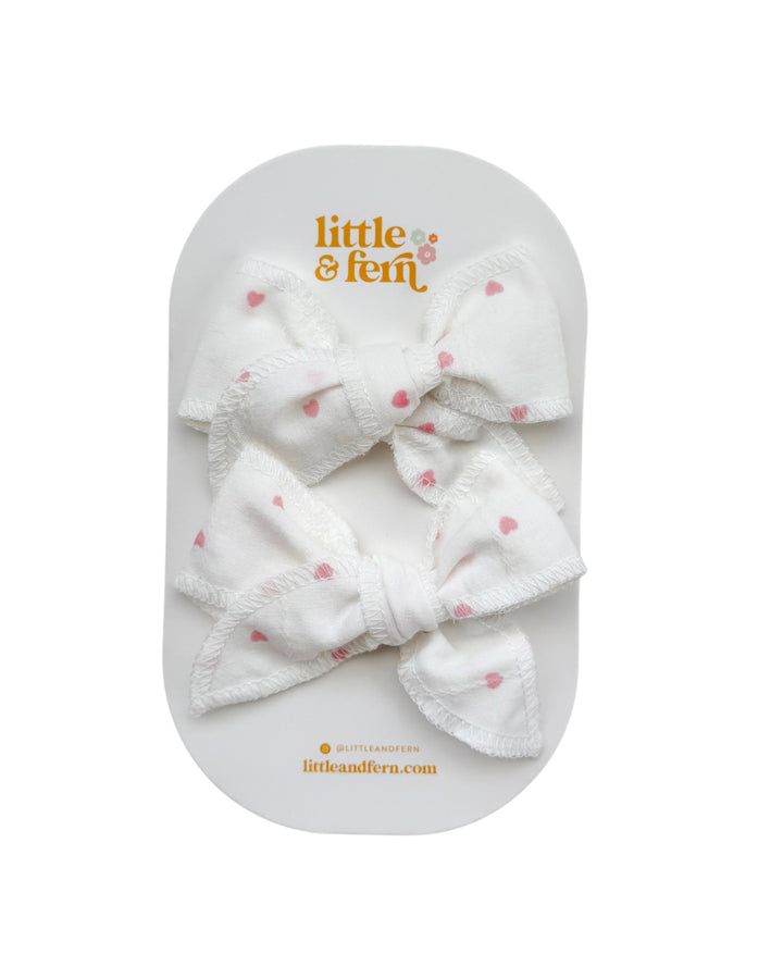 Twin Bow Clips | Pink Hearts Cotton