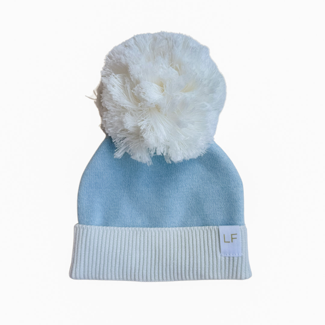 Knitted Pom Beanie |  Sky Blue Duo Tone