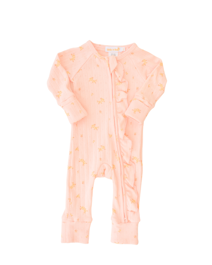 Essential Frill Zip Romper | Tiny Yellow Floral Pointelle