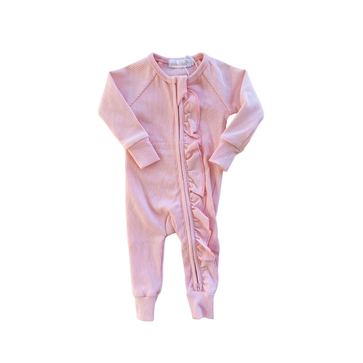 Frill Zip Romper | Baby Pink Rib