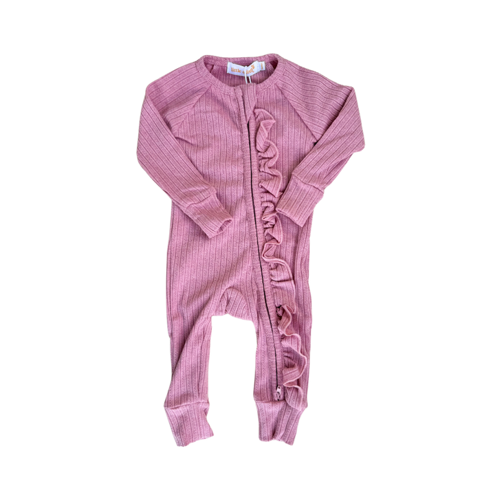 Frill Zip Romper | Dusty Pink Rib Pointelle