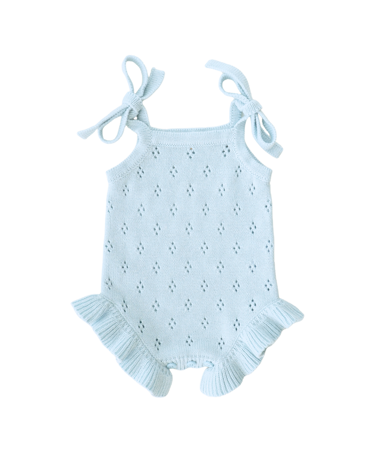 Knit Tie Romper | Sky Blue Pointelle