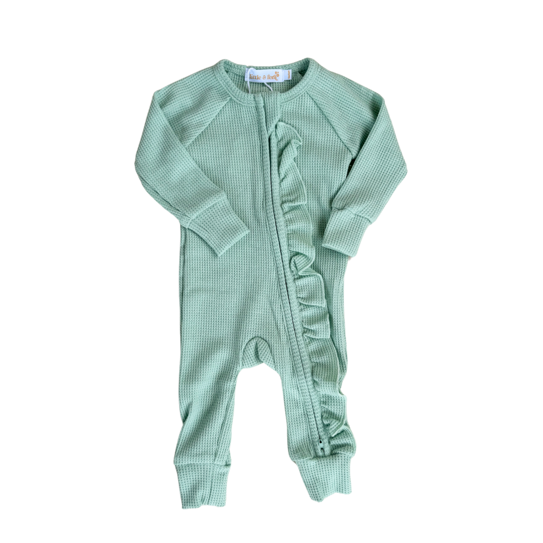 Frill Zip Romper | Sage Waffle