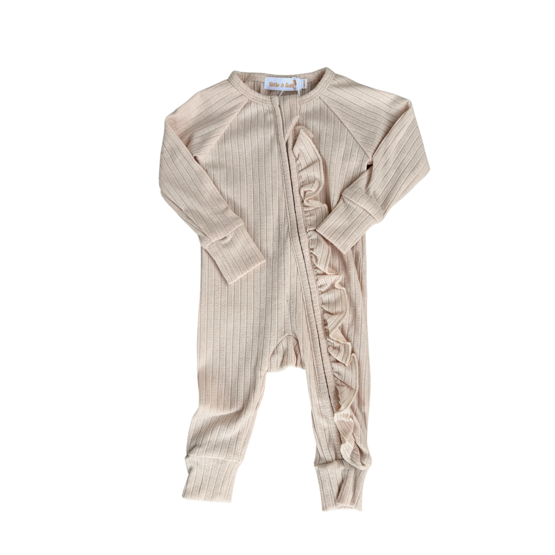 Frill Zip Romper | Cream Rib Pointelle