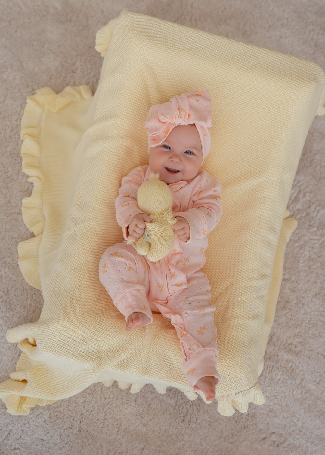 Essential Frill Zip Romper | Tiny Yellow Floral Pointelle