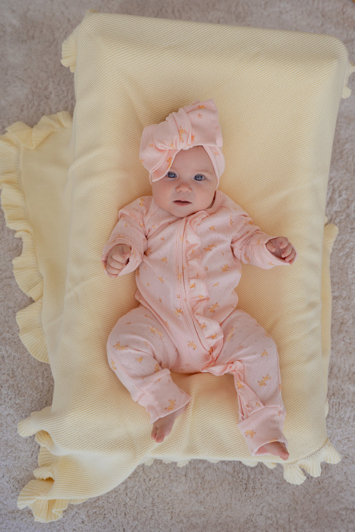 Essential Frill Zip Romper | Tiny Yellow Floral Pointelle