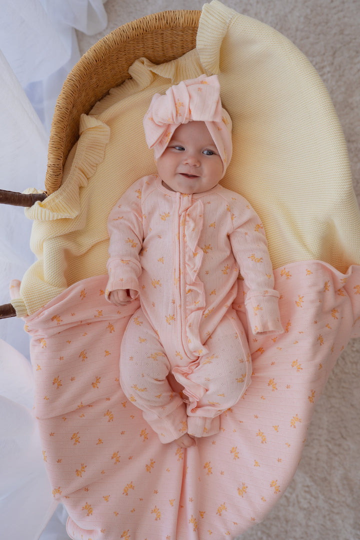 Essential Frill Zip Romper | Tiny Yellow Floral Pointelle