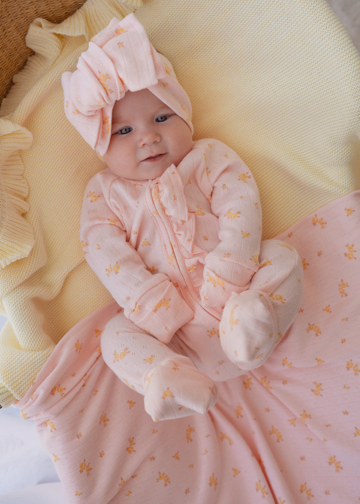 Essential Frill Zip Romper | Tiny Yellow Floral Pointelle