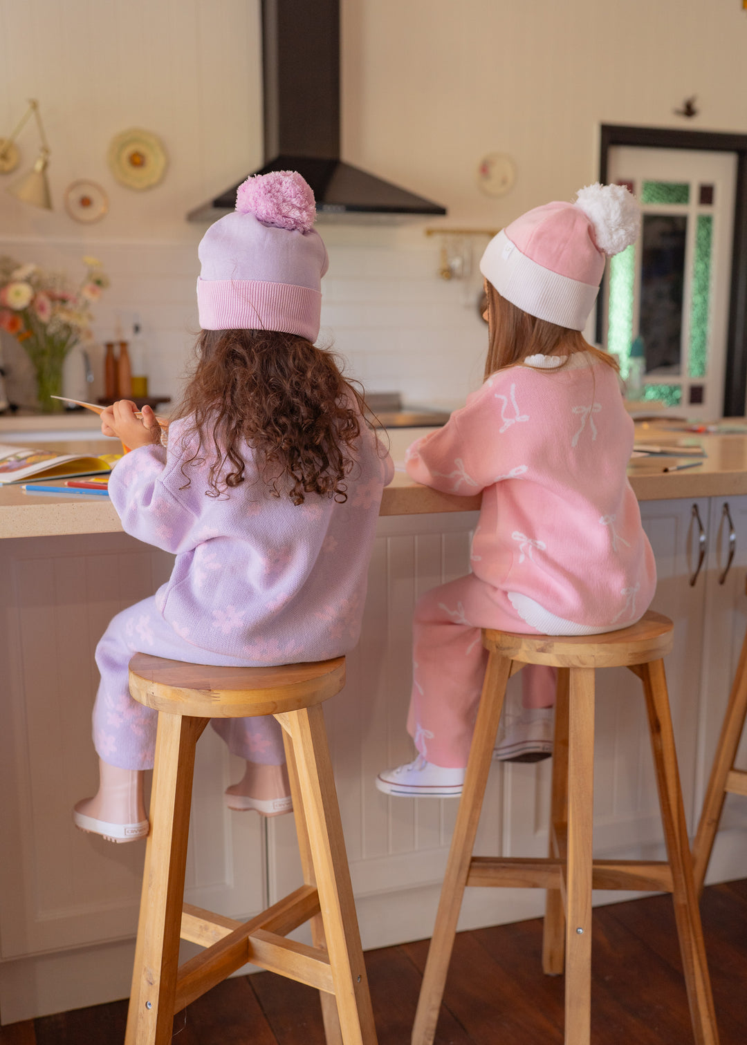 Knitted Pom Beanie |  Pastel Lilac Duo Tone