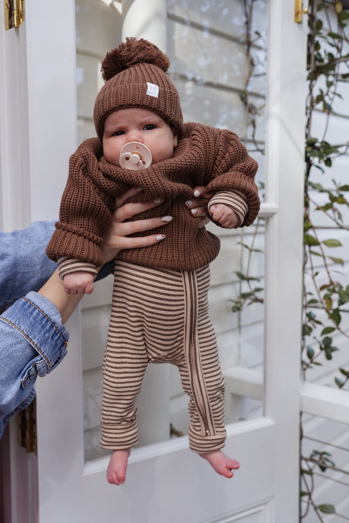 Fleece Zip Romper | Choc Stripes