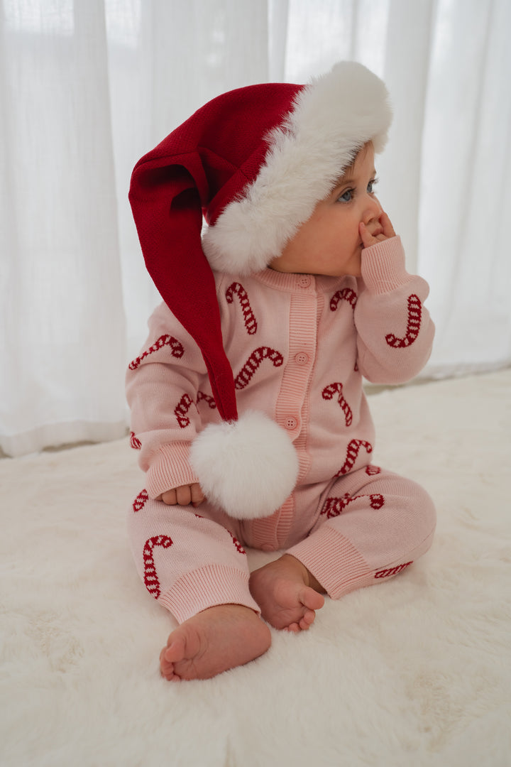 Knit Classic Romper | Pink Candy Cane