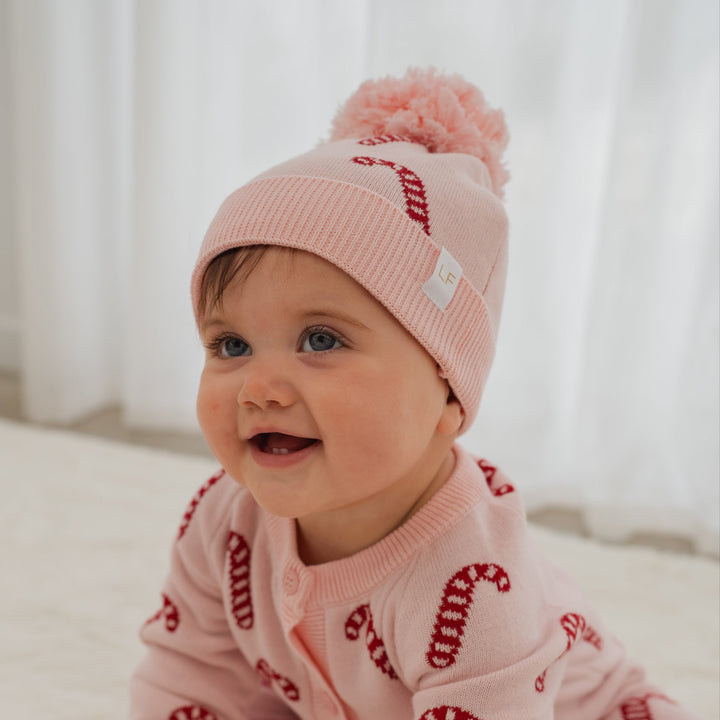 Knitted Pom Beanie | Pink Candy Cane