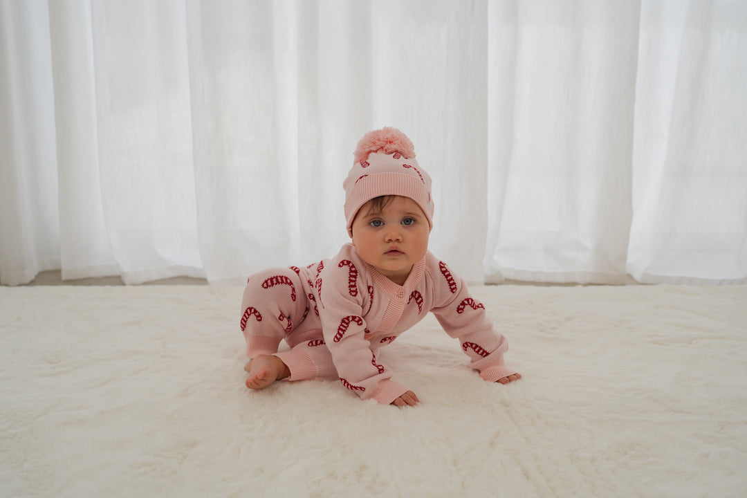 Knit Classic Romper | Pink Candy Cane