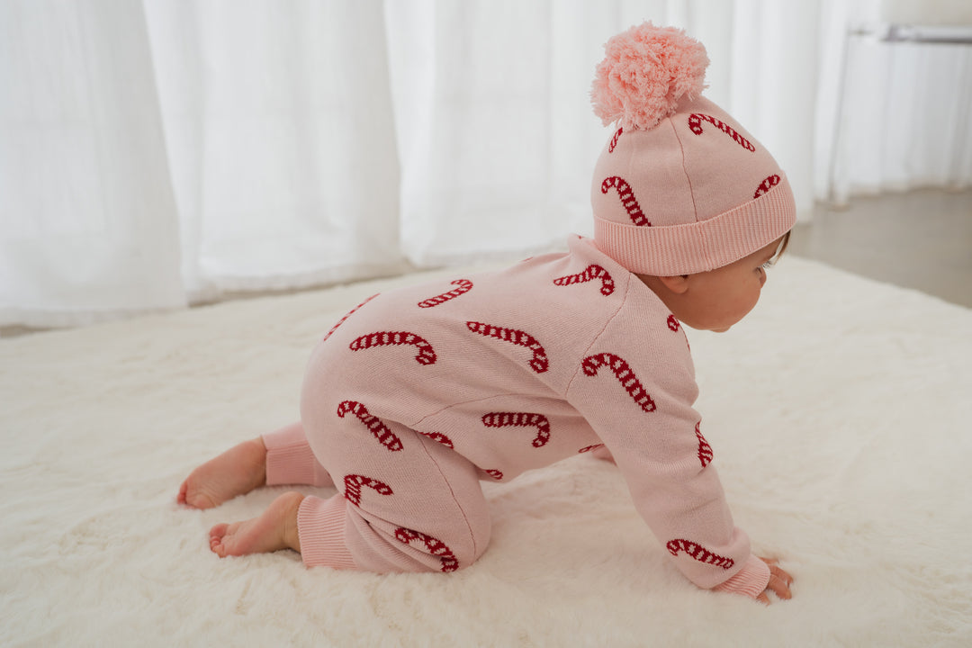 Knit Classic Romper | Pink Candy Cane