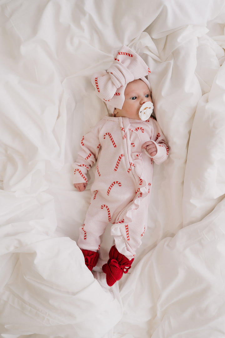 Frill Zip Romper | Pink Candy Cane Waffle