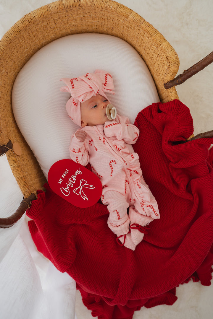 Frill Zip Romper | Pink Candy Cane Waffle