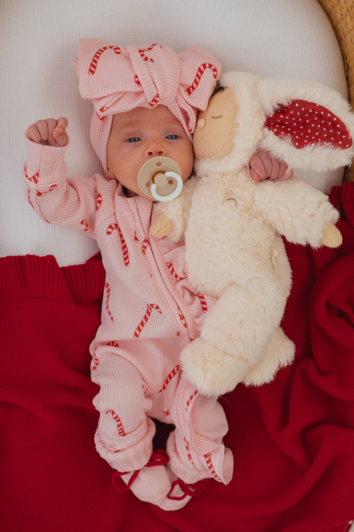 Frill Zip Romper | Pink Candy Cane Waffle