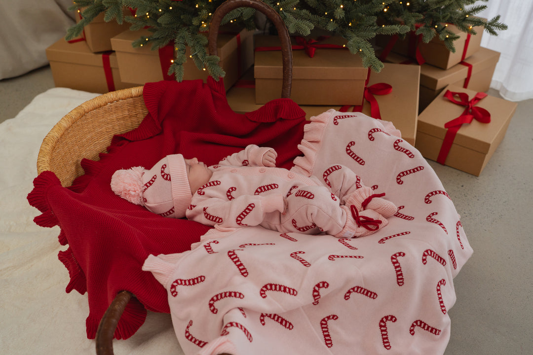 Frill Knit Blanket | Pink Candy Cane