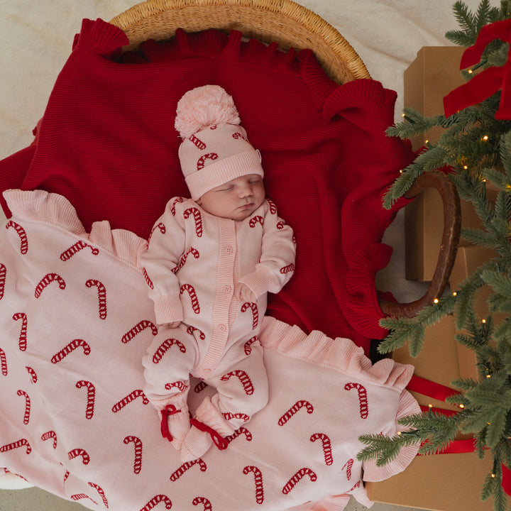 Frill Knit Blanket | Pink Candy Cane