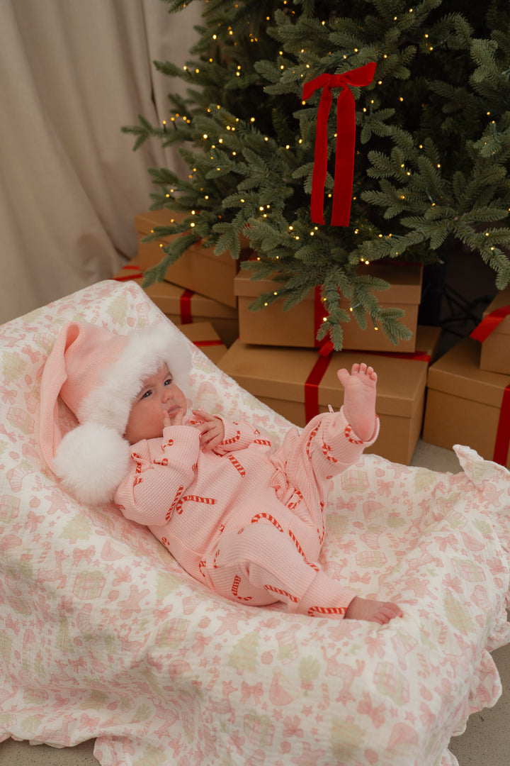 Frill Zip Romper | Pink Candy Cane Waffle