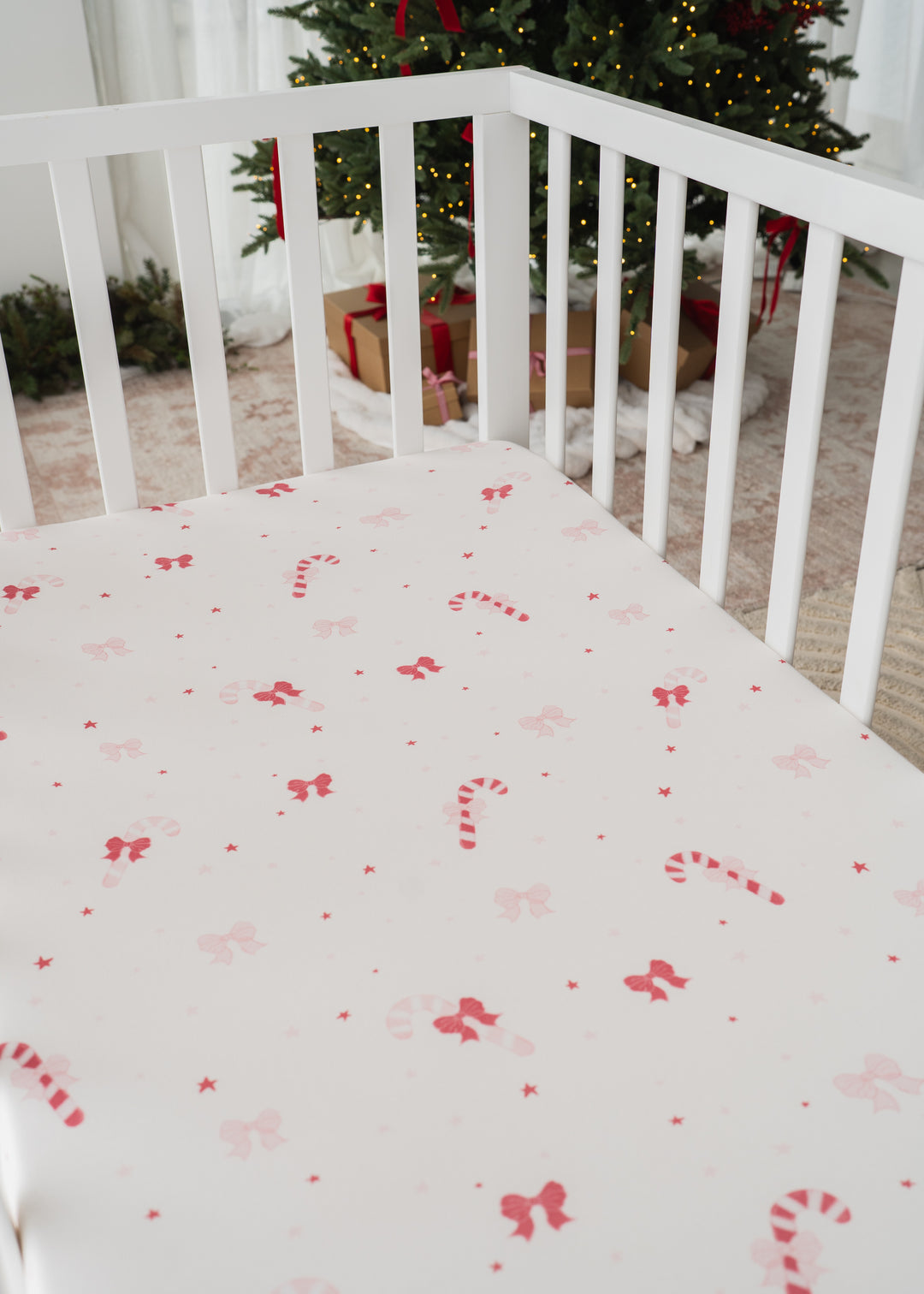 Cot Sheet | Candy Cane Bows | PRE-ORDER